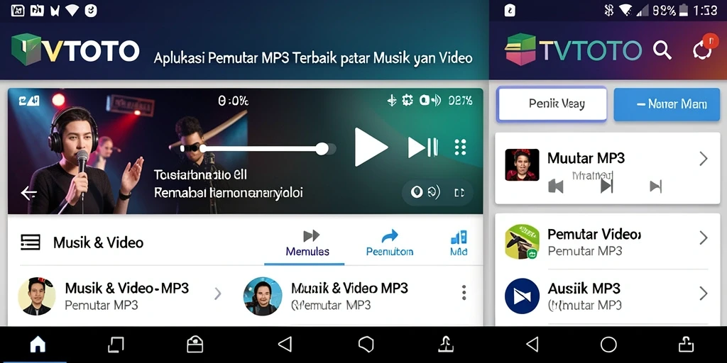 Antarmuka aplikasi TVTOTO untuk pemutar MP3 dengan desain menarik.